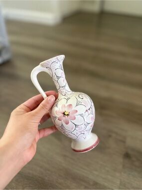YAWE Handmade Floral Ceramic Pitcher Vase Pink White Signed Artist Pottery